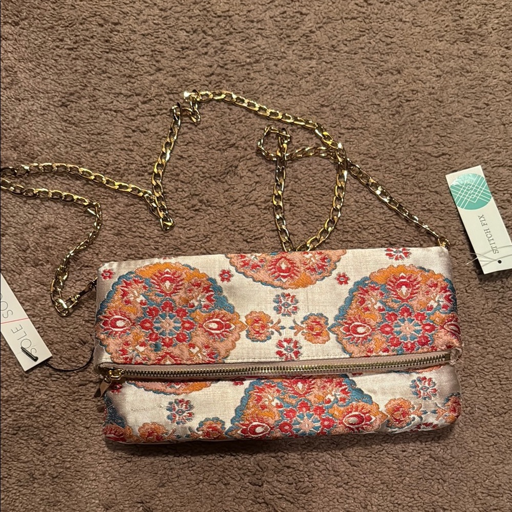 Sole Society Gold Shoulder Bag with Floral Design NWT